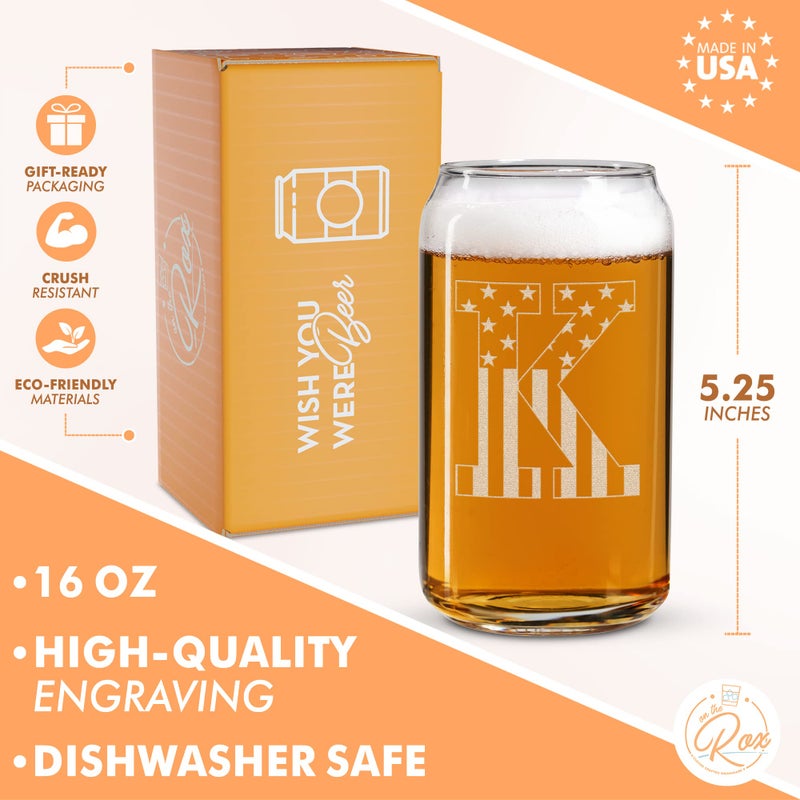 On The Rox Monogram Beer Glasses for Men (A-Z) 16 oz - Beer Gifts for Men Brother Son Dad Neighbor - Unique Gifts for Him - Personalized Drinking Gift Beer Glass Mugs - Engraved Beer Can Glass (K) - Image 2